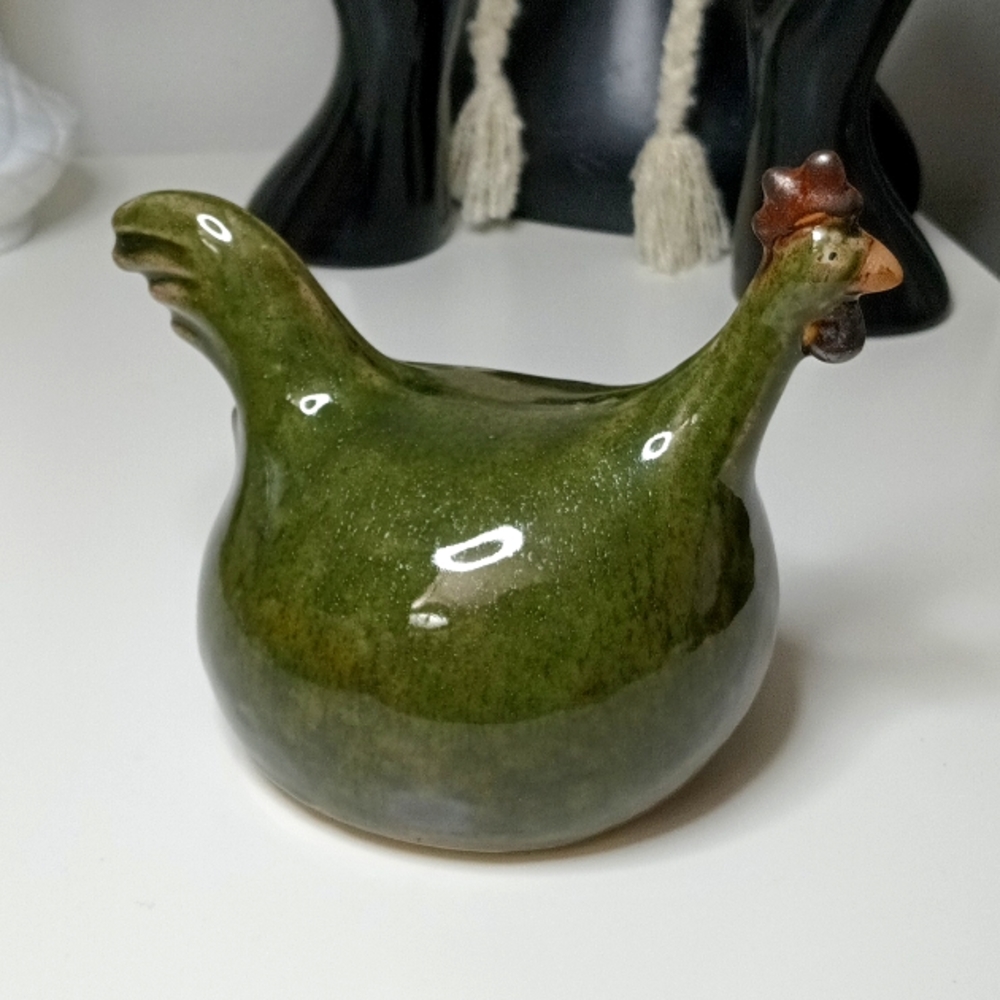 Green Glazed Long Neck Rooster Figurine Primitive Farmhouse Pottery